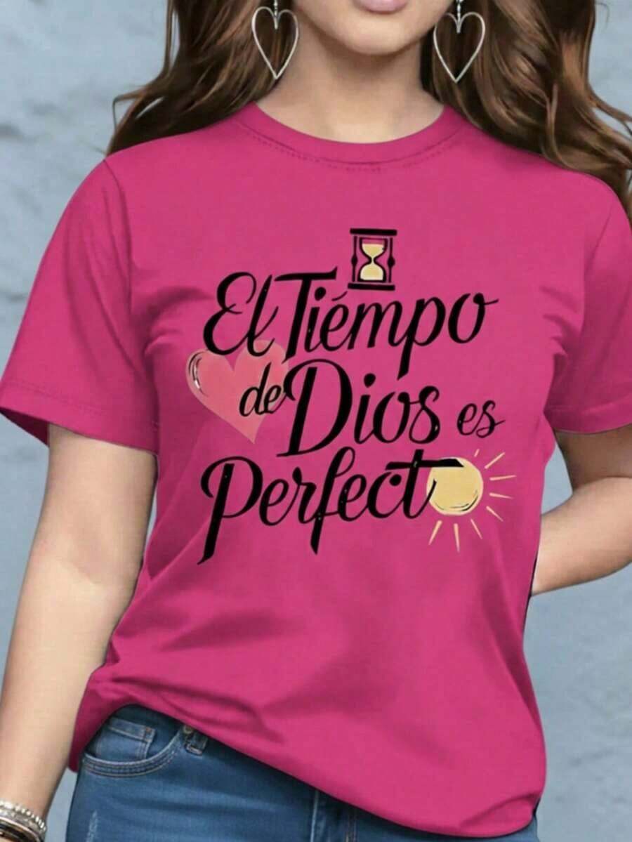 Women's Graphic Print T-Shirt Blouse, Casual Style, Love Print, Couples, Heart, February, Regular Fit, Soft Material, Crew Neck, Short Sleeves, Everyday Wear, Day Or Night, Street Style, Home, Comfortable, Cool, Lightweight, Modern, Youthful, Urban Aesthetic, Spring, Summer, Beach, Heat, Y2K, Feminine, Religious Phrase, God's Timing Is Perfect, Christian Lettering, Heart - 紫紅色配黑色 - 查看 1