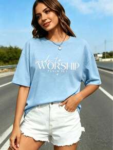 Casual Summer Round Neck T-Shirt, Religious Sportswear, T-Shirt With Psalm 95:1, Christian Sportswear, Biblical Hoodie, Religious T-Shirt, Faith T-Shirt, Christian Gift For Women, Fitted Short Sleeve T-Shirt For Women. - 淺藍色 - 查看 6