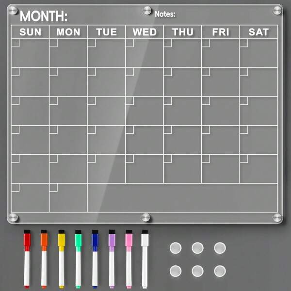 Acrylic Fridge Calendar, Magnetic Monthly Planner With 8 Color Markers, Clear Dry Erase Board For Events/Meetings/Shopping Lists - 14.5 * 11.5''