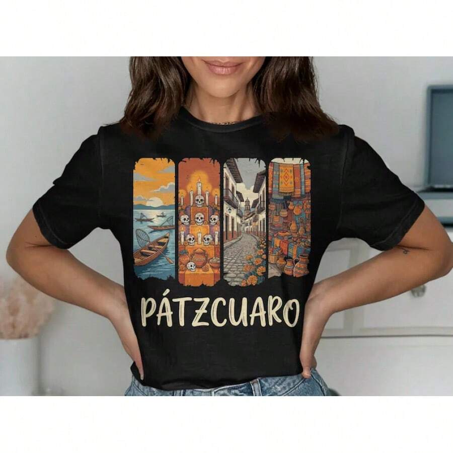 T-Shirts From Pátzcuaro, Mexico, Day Of The Dead, Travel Souvenir, Vacation In Mexico, Michoacán Monument, Sugar Skulls - 黑色 - 查看 1