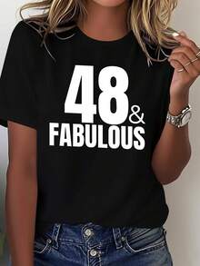 Camiseta Antienvejecimiento para Mujeres de 48+ Años - 100% de Corte Holgado y Cómodo, Estampado llamativo con el número "48", Ropa Casual, Atuendo para Fiesta de Cumpleaños, Idea Divertida de Regalo para el 48º Cumpleaños, Lavable a Máquina, Blanca con Letras Negras, Patrón Geométrico, Corte Holgado, Adecuada para Todas las Temporadas, Prenda de Moda, Blusa Casual para Mujer. - Negro - Ver 1