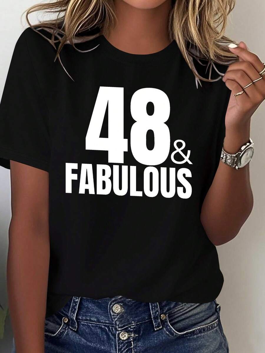 Camiseta Antienvejecimiento para Mujeres de 48+ Años - 100% de Corte Holgado y Cómodo, Estampado llamativo con el número "48", Ropa Casual, Atuendo para Fiesta de Cumpleaños, Idea Divertida de Regalo para el 48º Cumpleaños, Lavable a Máquina, Blanca con Letras Negras, Patrón Geométrico, Corte Holgado, Adecuada para Todas las Temporadas, Prenda de Moda, Blusa Casual para Mujer. - Negro - Ver 1