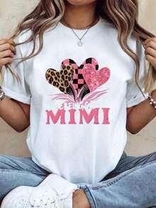 Camiseta de manga corta casual para mujer y hombre - Estampado de leopardo en forma de corazón y letras a cuadros rosas "Love Being MIMI", con estampado de animal rosa y marrón, cuello redondo suave y ajuste en línea H, 190 g/m² de confort para todo el año en casa, fiestas y uso casual - Camiseta de algodón puro de 220 g de alta calidad con impresión minimalista, tela suave y transpirable, cómoda y holgada, adecuada para uso diario, apta para uso casual de oficina, apariencia diaria de primavera y verano, diseño elegante y juvenil - Multicolor - Ver 1