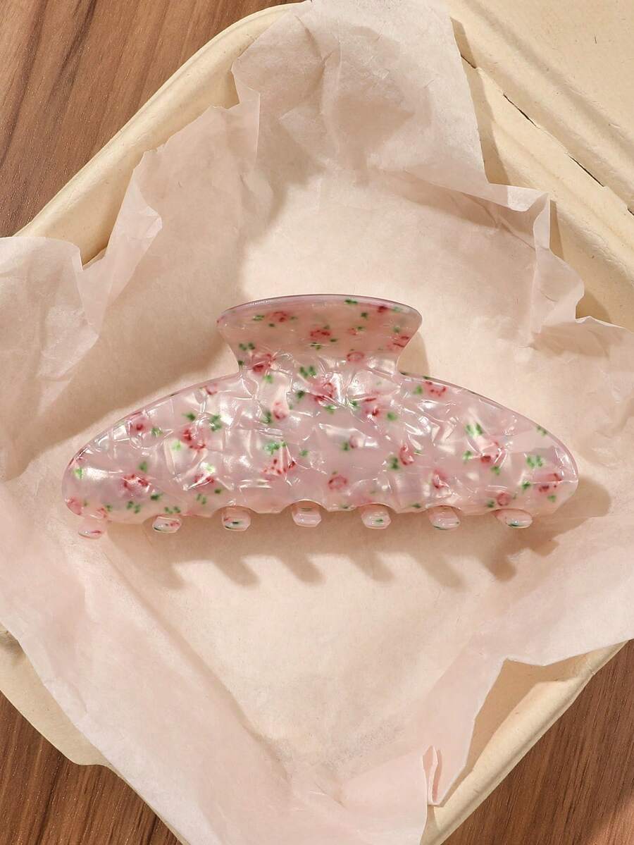 1pc Pink Ditsy Floral Semicircle Acrylic Hair Claw Clip, Versatile Hairstyle Accessory For Bun, Ponytail, Casual, Commute, Afternoon Tea - Multicolor - View 1