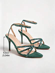 2025 New Black Rivet Decor High Heel Sandals, Elegant Versatile Pointed Toe Mules For Women - Green - View 6