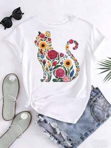 1 pieza de camiseta con estampado floral de gato para mujer, top casual de verano, camiseta gráfica de moda para uso diario, 180g 100% algodón. - Blanco - Ver 3