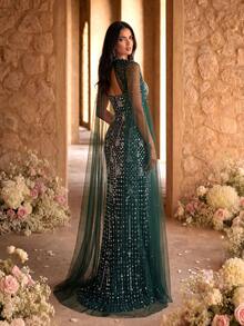 SUPGIR 【无定位花朵】露背超长飘逸网纱袖重工刺绣珍珠长款晚礼服派对春季婚礼 - 墨綠色 - 查看 4