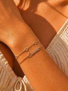 Pulsera personalizada con nombre brillante y efecto escarcha para mujer, de acero inoxidable con letra personalizada y ajustable, joyería de estilo bohemio para verano y playa, regalo ideal para el Día de San Valentín, Día de la Madre, aniversario o cumpleaños - Plata-Doble Capa - Ver 3