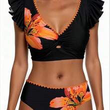 Bikini triangular sexy con estampado moderno, mangas cortas con volantes, traje de baño de dos piezas sin tirantes para mujer en la playa. - Negro - Ver 2