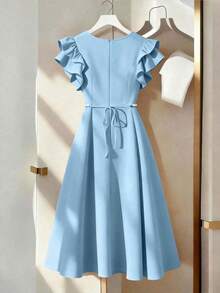 Vestido de línea A con decoración de cadena de perlas y mangas acampanadas, adecuado para salidas diarias, citas, fiestas, graduaciones, vacaciones y el Día de San Valentín - Azul - Ver 2