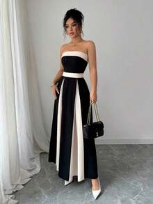 Vestido midi sin tirantes y sin mangas de color contrastante, elegante y apropiado para el trabajo - Multicolor - Ver 5
