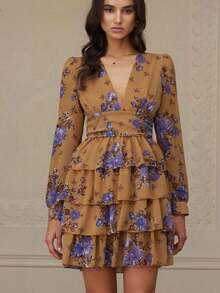 Aveloria Revavyn Vestido de manga larga con estampado aleatorio de moda para mujer, atuendo de vacaciones - Marrón - Ver 10