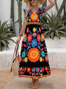 New Autumn Lightweight V-Neck All-Over Cute Leaf & Floral Print Bohemian Casual Pleated Ruffle Hem Waist Splice Maxi Dress, Suitable For Music Festivals, Women's Holidays, Country Music Concerts, Graduation, Parties, Back To School, Teacher's Day, Halloween, Christmas Vacation Summer Elegant - 黑色 2 - 查看 2