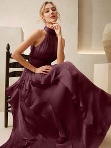 ante sin mangas con cuello halter y pliegues en la cintura para mujer, vestido con dobladillo ondulado brillante y estilizador, color vino tinto, adecuado para banquetes, fiestas y reuniones - Burdeos - Ver 1