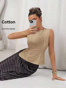 Camisa de mujer de cuello redondo sin mangas a rayas en blanco y negro con botones laterales y abertura, elegante para ir al trabajo, básica, para profesoras, negocios casuales, oficina, trabajo de mujeres, profesional, uso de oficina, casual de - Caqui - Ver 6