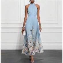 Vestido largo elegante de cuello redondo, sin mangas, con cordón y estampado posicionado - Azul - Ver 5