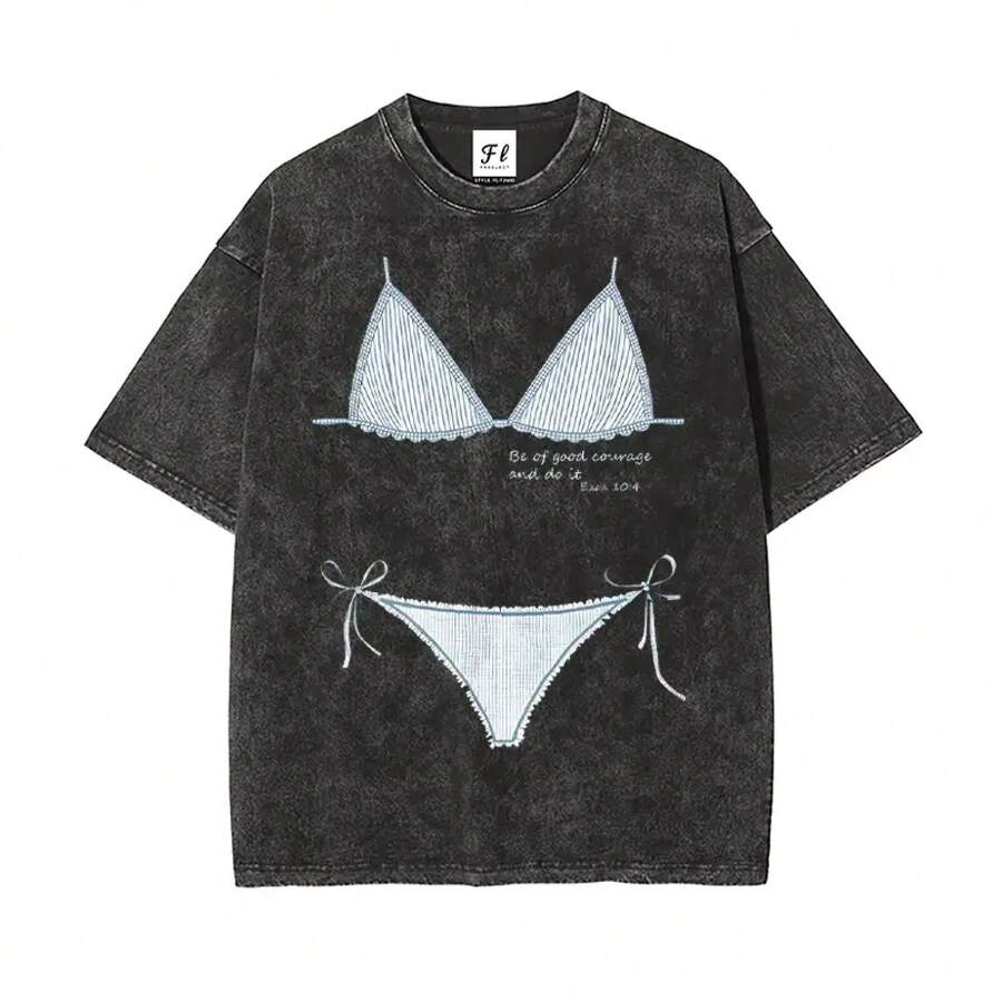 Camiseta Oversize Lavada con Estampado de Bikini Retro. Sé valiente y hazlo. | Camiseta Casual Divertida con Estilo Veraniego de Playa, Regalo Vintage - Negro - Ver 1