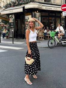 Falda larga de línea A con volantes y lunares negros, elegante y casual para verano/primavera - Negro - Ver 4