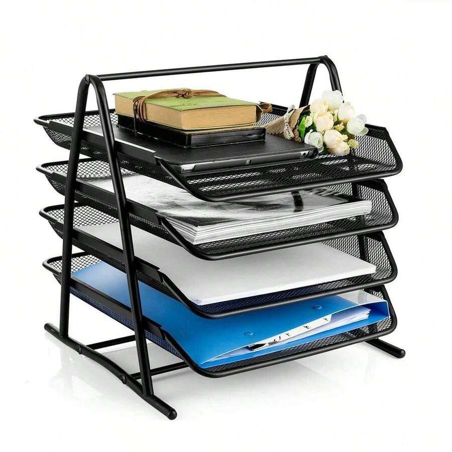 4-Tier Metal Mesh Desk Organizer Tray, Stackable And Rollable File And Document Organizer Pallets For Office, Home, School - View 1