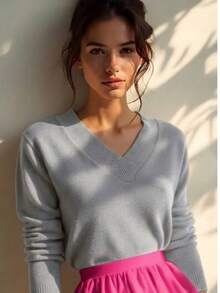 Women's Sweater With Collar, Blouse, Elastane, Simple, Polyester, V-Neck, Formal And Evening, Winter - 淺灰色 - 查看 1