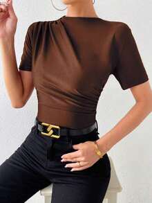 Camiseta con cuello de tortuga fruncida - Marrón 2 - Ver 6