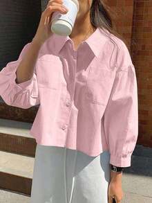 Women's Loose-Fitting Long-Sleeved Casual Shirt In A Solid Color, For Summer - 軍綠色 - 查看 5