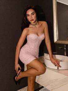 Glamour Vestido camisero ajustado y sexy con volantes de encaje floral para mujer - Rosa Pálido - Ver 6