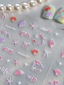 Shell Bow Nail Art Stickers, 1pc Beach Resort Style 5D Embossed Self-Adhesive DIY Nail Stickers And Decals - Nail Supplies And Nail Charms For Girls And Women-Spring Summer Nails For Nail Art Home Salon - Multicolor - View 3