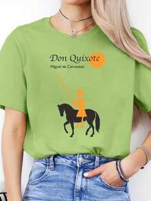 Blusa casual para mujer con estampado de letras en español, camiseta casual de primavera/verano, camiseta deportiva de manga corta con cuello redondo, tops de algodón para mujer. - Negro - Ver 7