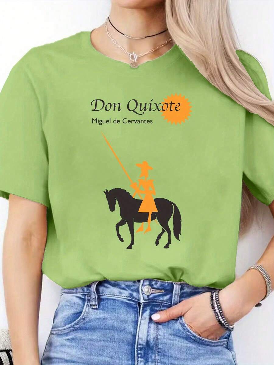 Women's Casual Blouse With Spanish Letter Print, Spring/Summer Casual T-Shirt, Short Sleeve Sports T-Shirt With Round Neck, Cotton Tops For Women. - 綠色 - 查看 1