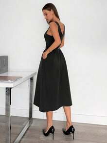 XHESiren Gaze Vestido midi con cintura alta, gris, sin mangas, corte evasé y bolsillos, conjunto de tono gris para mujerXHE - Negro - Ver 2