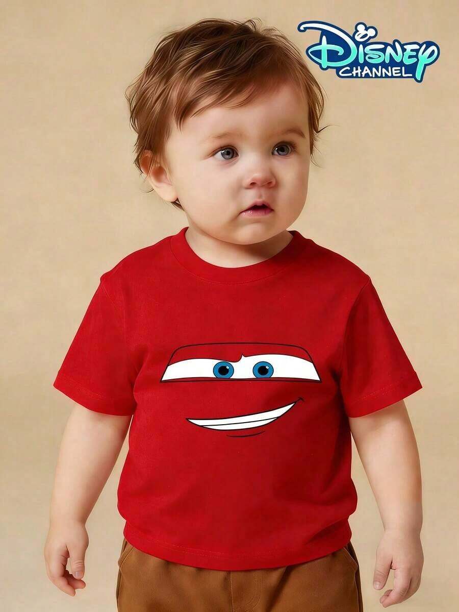 Disney Cars Lightning McQueen Face Print Crew Neck Short-Sleeve T-Shirt, Designed For Infants. Suitable For Both Boys And Girls, Perfect For Summer Wear. - Đỏ - Xem 1