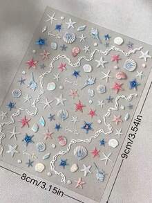 1pc Ocean Style 3D Embossed Starfish & Shell Stickers, Ins Style Summer Beach Vacation Waterproof Decorative Decals For Earphone Case, Phone Case, Water Bottle, Scrapbook DIY - Blue Starfish Sticker YT5942 - View 4