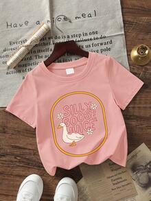 1 Stück verspieltes Baby Mädchen T-Shirt, "Silly Goose Juice" Muster, Kurzarm, weiches und bequemes Material, Street Style T-Shirt - Pink - Übersicht 2