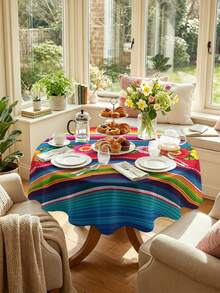 1/2pcs Tablecloth, Colorful Striped Floral Pattern Tablecloth, Polyester Material, Suitable For Kitchen, Dining Room, Coffee Table, Picnic, Camping, Countryside, Square Or Round Shape, Multi-Scene Table Protection And Decoration, Festival Atmosphere Embellishment, Exquisite Design - Multicolor - View 17