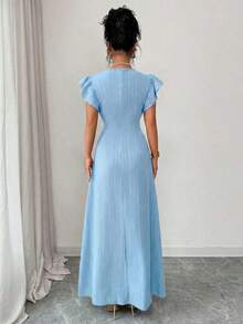 Vestido de mujer de unicolor con cuello en V, mangas cortas y cintura ceñida, de tela texturizada - Azul - Ver 2