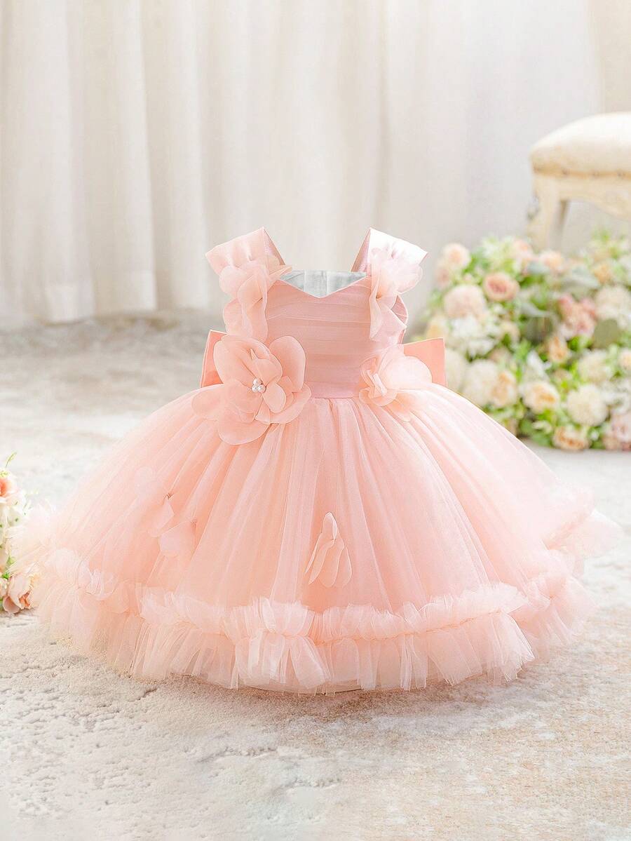 女嬰無袖 3D 花朵蝴蝶結網紗可愛生日公主禮服 花童正式長裙，不含髮帶 - 淺粉色 - 查看 1