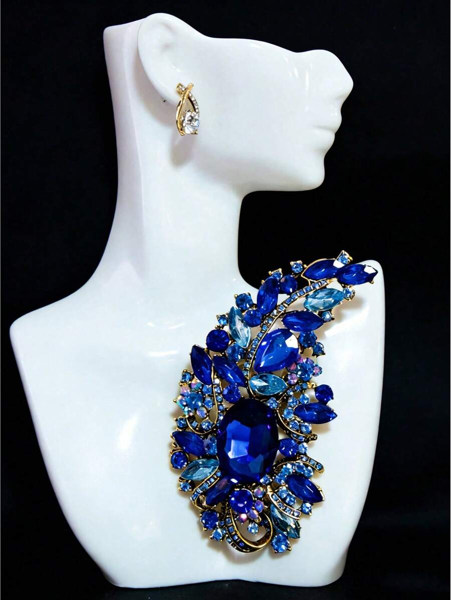 1pc Rhinestone Flower Brooch, Fashion Exaggerated Luxury Crystal Brooch Pin Accessory For Women - Blue - View 1