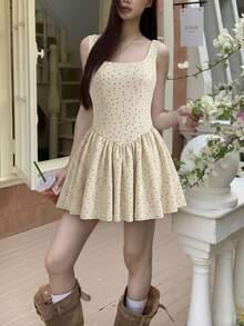 Đầm hai dây chấm bi kiểu Pháp, thắt eo, kiểu dáng ngọt ngào và thanh lịch cho mùa hè. - Màu be - Xem 7
