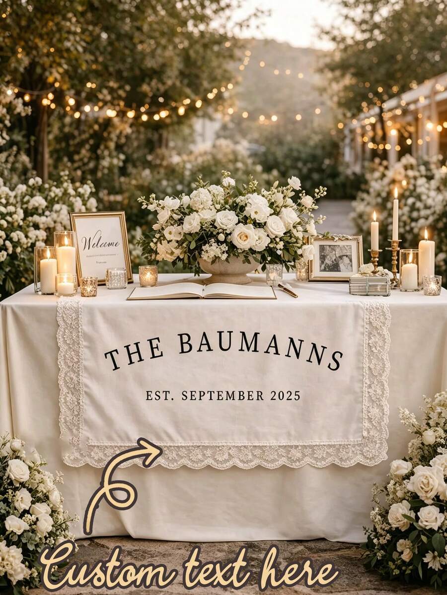 Personalized Wedding Welcome Tablecloth, Custom Last Name & Date Trim Table Cover, Romantic Gift & Decor For Bridal Receptions,Customizable Newlyweds Name & Date Sign-In Cover, Unique Keepsake Decor For The Couple, Rustic Fabric Sign For Outdoor Or Garden Wedding(Lace Trim Not Included) - Multicolor - View 1