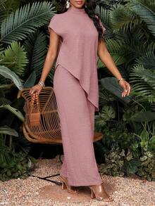 xheSHEIN Lady Conjunto de 2 piezas de camisa y pantalones de unicolor con dobladillo asimétrico para vacaciones casuales de mujerxhe - Rosa - Ver 4
