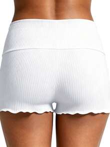 Women Summer Ribbed Shorts Casual Lettuce Trim Fold-Over Waist Elastic Shorts Pants for Beach Club Streetwear - Blanco - Ver 4