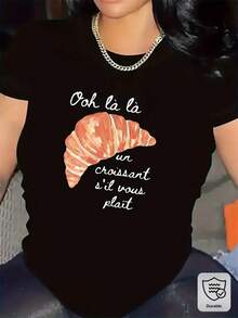 Camiseta de poliéster con diseño de croissants, diseñada para cafeterías y restaurantes, duradera y ligera, adecuada para el uso diario, con un tejido cómodo, moderna y a la moda, perfecta para un look casual femenino. - Negro - Ver 2