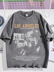 Men's Oversized Vintage Washed Los Angeles Graphic T-Shirt Retro Cityscape Print Short Sleeve Round Neck Casual Summer Streetwear Loose Fit Comfortable Breathable Tee - Size - 查看 6