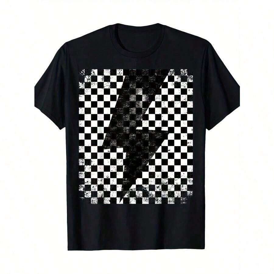 Camiseta a cuadros con diseño de rayos - 220g - Negro - Ver 1