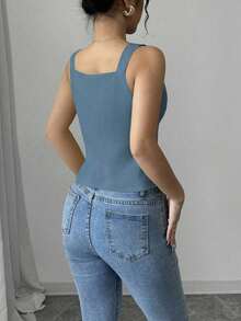 Camiseta de tirantes gruesos de un solo pecho de unicolor casual para mujer - Azul - Ver 2