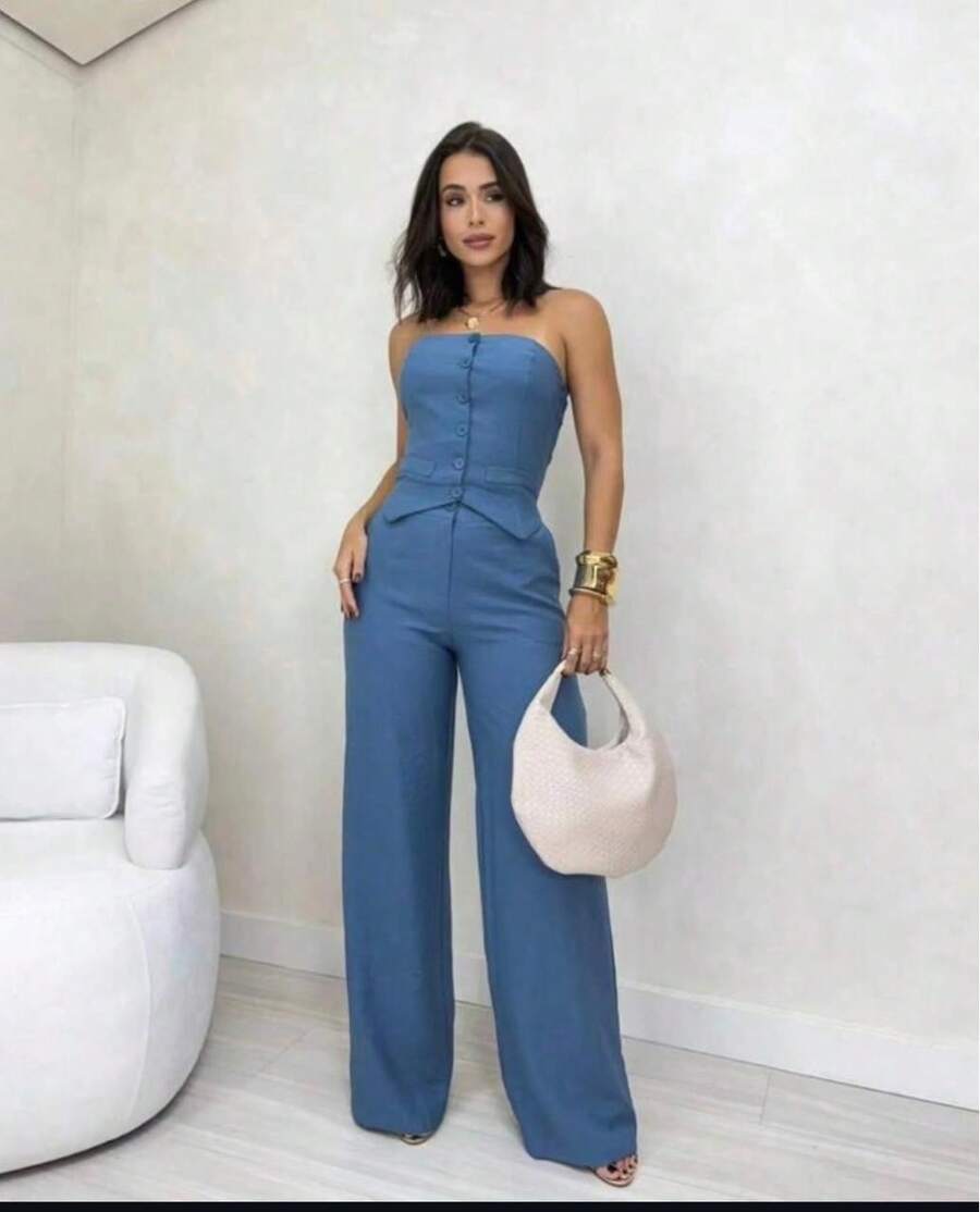 Tailored Cropped Top With Buttons And Wide-Leg Trousers. - 霧霾藍 - 查看 1