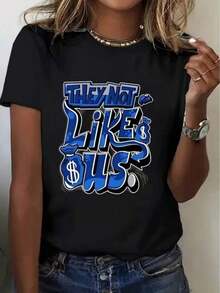 Camiseta Casual con Estampado de Grafiti de Bolsa de Dinero Azul con el Texto 'No les gustamos', Camiseta Diaria, Camiseta de Vacaciones, Camiseta Deportiva, Ropa de Mujer - Negro - Ver 7