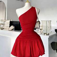 YijiaNvz Vestido corto sin mangas con hombro asimétrico elegante para mujer DEAR MOLLY, adecuado para usar como vestido de noche, apropiado para salidas, fiestas, citas, regalo del Día de San Valentín, atuendo de Año Nuevo Primavera Rojo - Rojo - Ver 4
