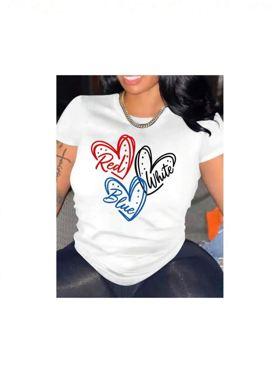 YOCASA Women's Casual Summer T-Shirt, Round Neck, Fitted Short Sleeve, With Oil Painting Print, Floral, Heart, Cherry And Letter Patterns. Simple Casual Fabric, Sporty Style, Ideal For Everyday Wear And Valentine's Day Dates. - 白色-YH396 - 查看 1